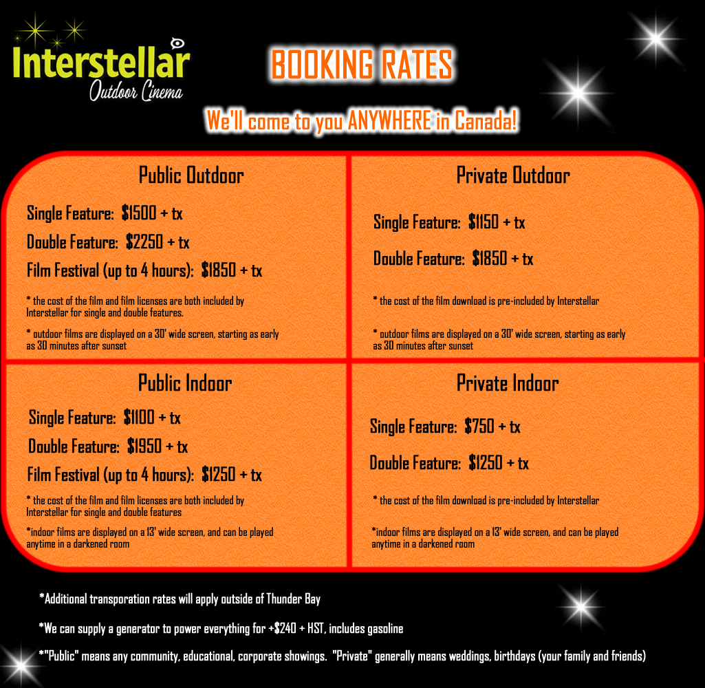 Interstellar Outdoor Cinema Price Table